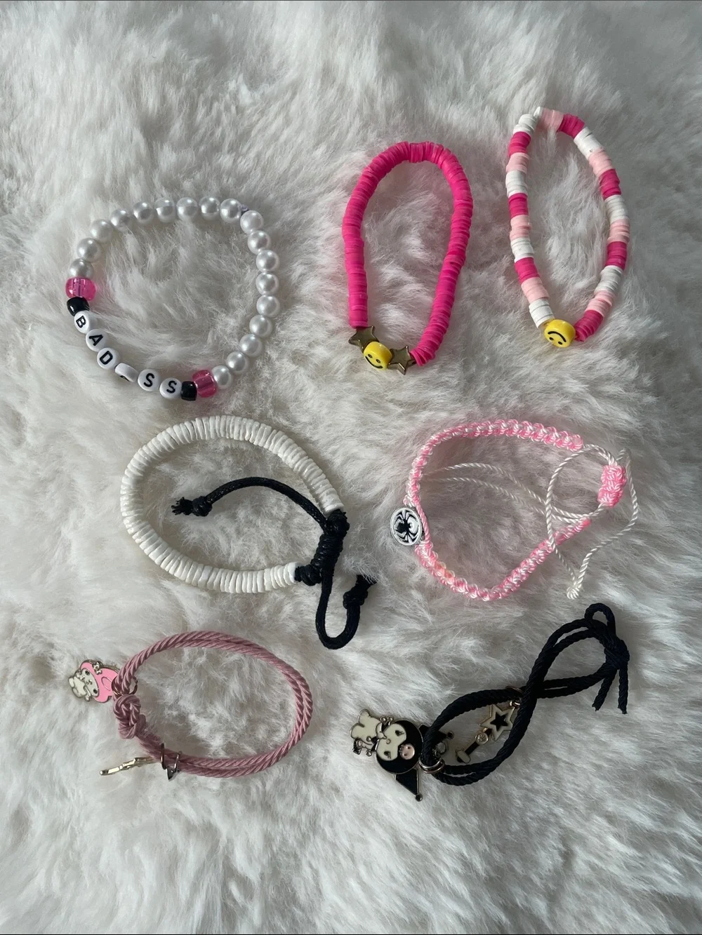 Kids Pink Assorted Beaded & Cord Bracelets - Cute Character Charm Set